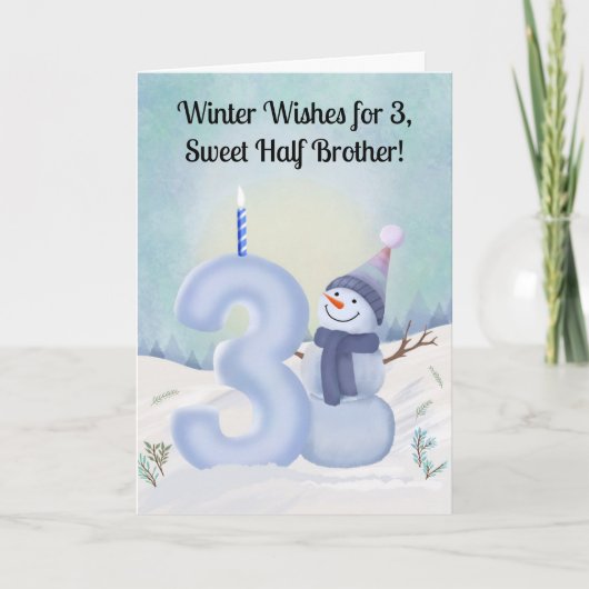 ハーフブラザー3歳の誕生日 雪だるま 雪景色 3 カード (正面)