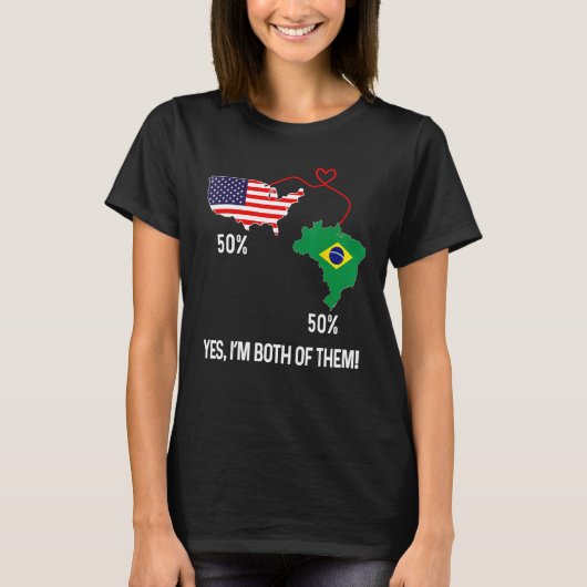 ハーフブラジル半米国旗の組み合わせ地図ブラ Tシャツ (正面)