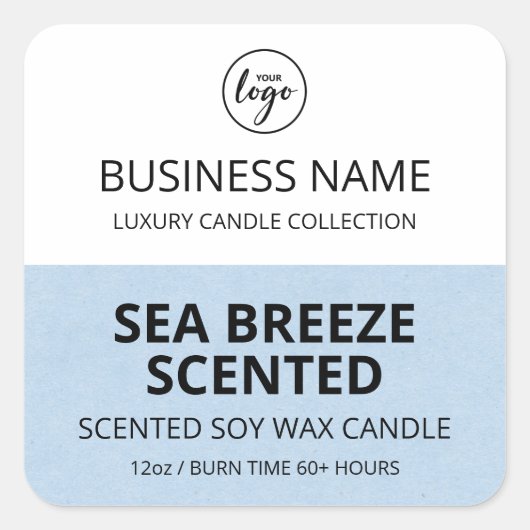 ハーフブルーの白しょうゆろうそくラベル スクエアシール (正面)