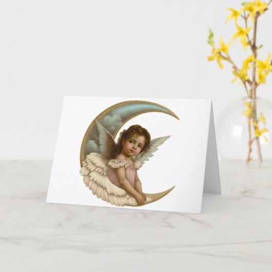 ハーフムーンエンジェル誕生日グリーティングカード カード (黄色い花)