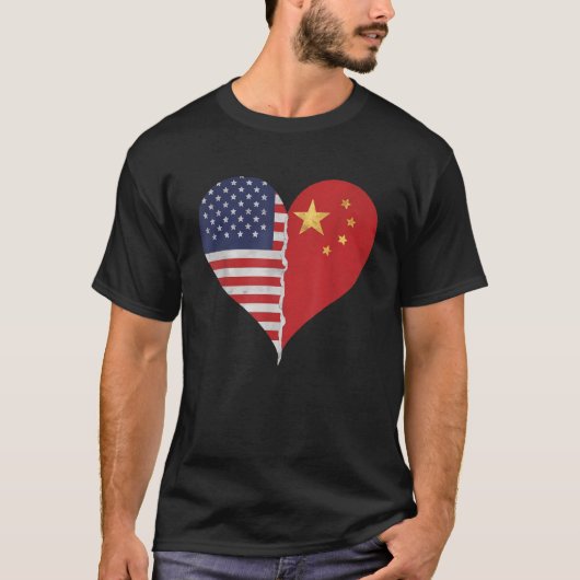 ハーフ中国のハーフ米国国旗の中国アメリカ Tシャツ (正面)