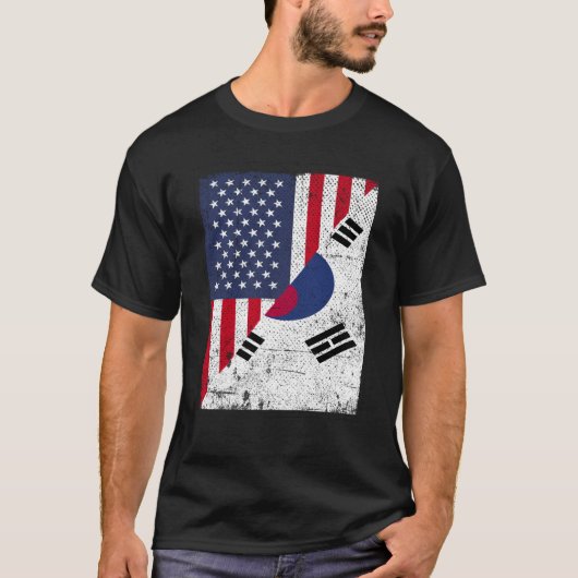 ハーフ米国国旗ハーフ韓国国旗アメリカ南部 Tシャツ (正面)