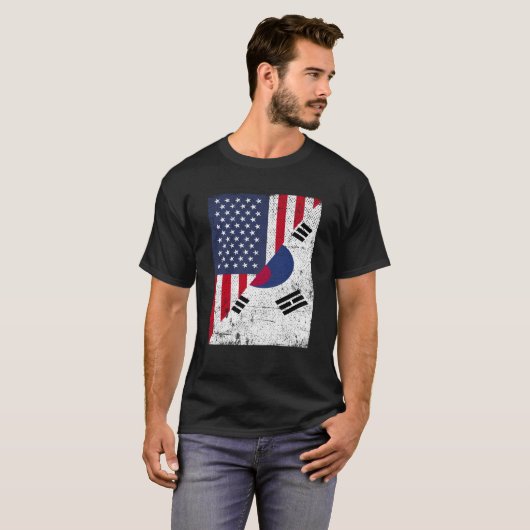 ハーフ米国国旗ハーフ韓国国旗アメリカ南部 Tシャツ (正面フル)