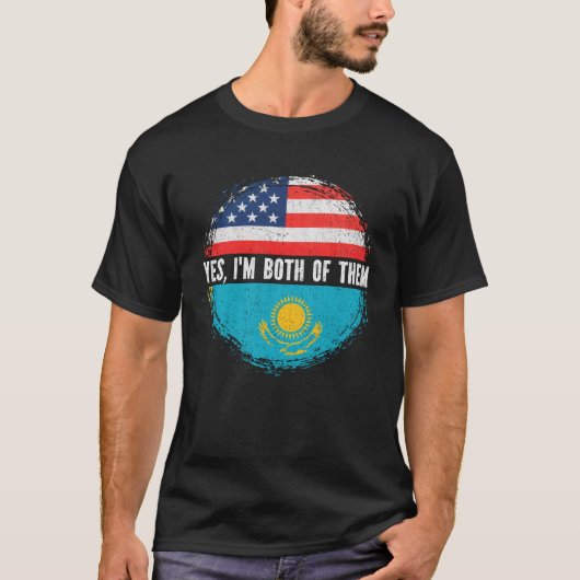 ハーフ・アメリカン・ハーフ・カザフ米国国旗カザフスタン Tシャツ (正面)