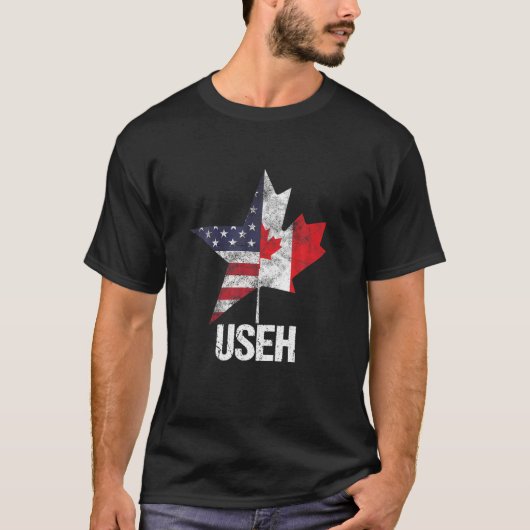 ハーフ・カナディアンUSEHカナダ米国国旗統一された Tシャツ (正面)