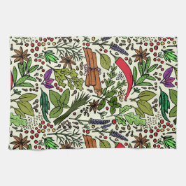 ハーブとスパイスイラストレーション キッチンタオル