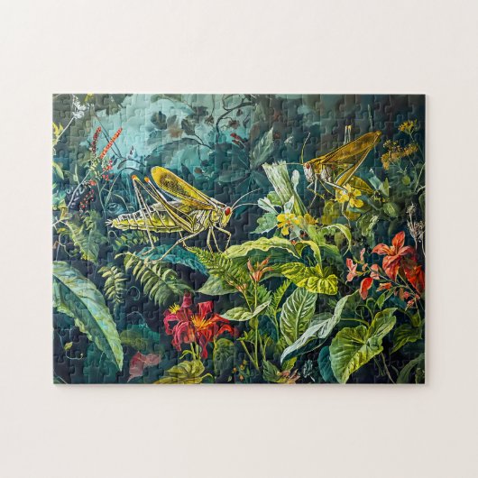 ハーブガーデンの緑のバッタイラストレーション ジグソーパズル (横)