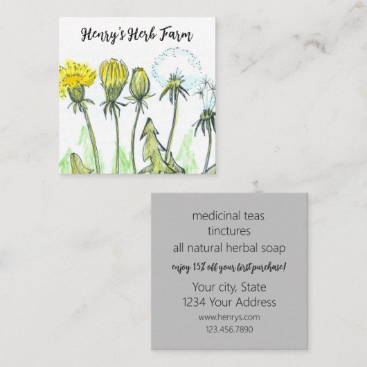 ハーブファームタンデリオン薬草ビジネスカード スクエア名刺 (正面/裏面)