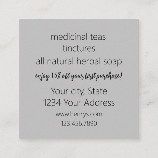 ハーブファームタンデリオン薬草ビジネスカード スクエア名刺 (裏面)