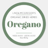 ハーブミニマルオレガレグリーン白い瓶の食品ラベル ラウンドシール (正面)