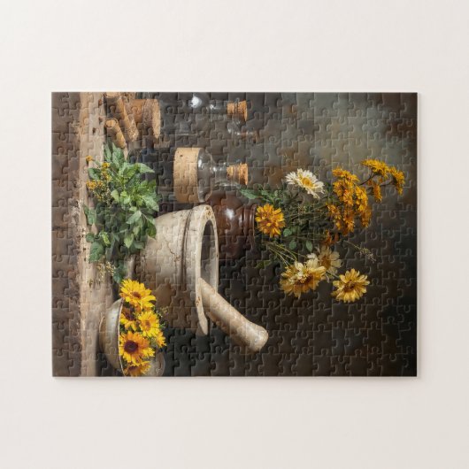 ハーブ素朴と花を持つ薬用の静物詩 ジグソーパズル (横)