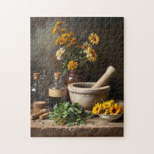 ハーブ素朴と花を持つ薬用の静物詩 ジグソーパズル (縦)