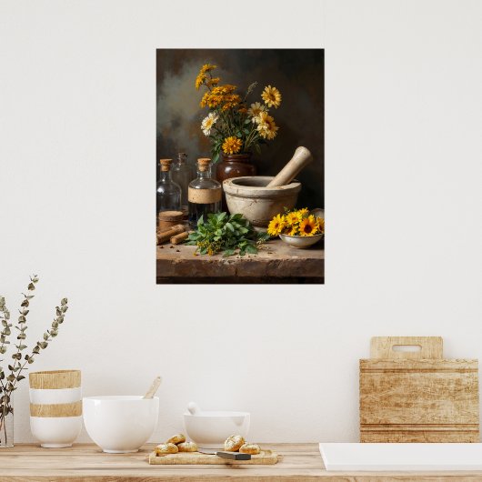 ハーブ素朴と花を持つ薬用の静物詩 ポスター (キッチン)