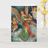ハープおよび2匹の天使とのヴィンテージの天使 カード (黄色い花)