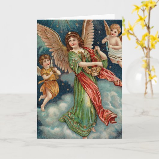 ハープおよび2匹の天使とのヴィンテージの天使 カード (黄色い花)