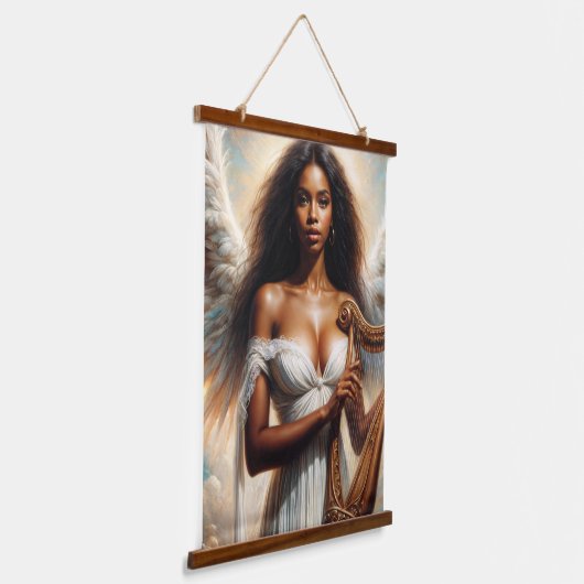 ハープの美しい黒人女性エンジェル 吊り下げ型タペストリー (傾斜あり)