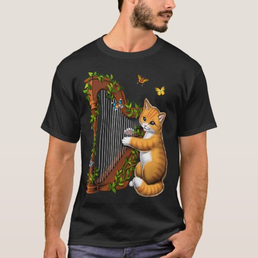 ハープを弾く猫 Tシャツ (正面)