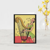 ハープを演奏する女性のヴィンテージのプリント カード (黄色い花)