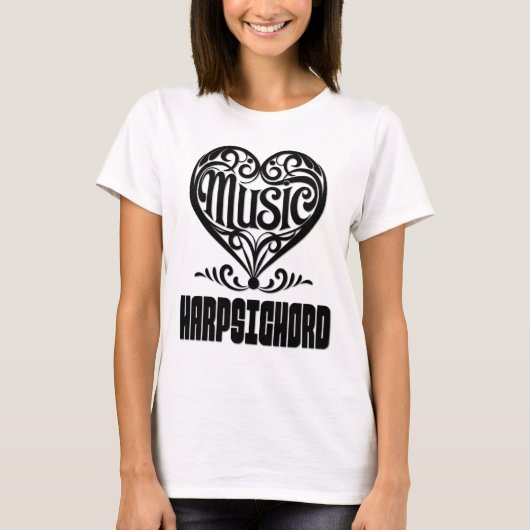 ハープシコード愛好家のための優雅なスクロールハート Tシャツ (正面)