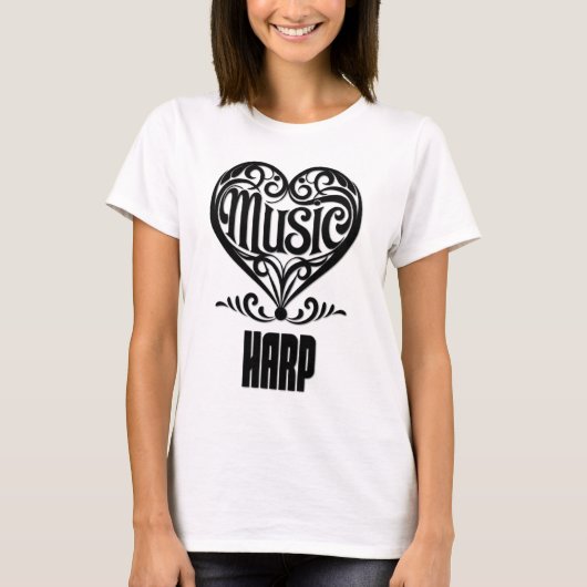 ハープ愛好家のための優雅なスクロールハート Tシャツ (正面)