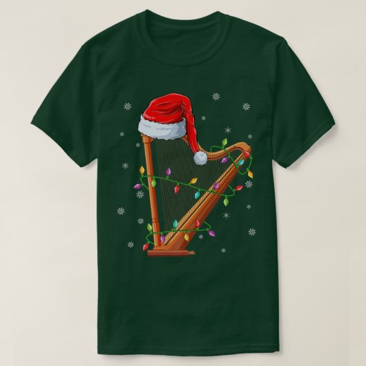 ハープ音楽クリスマス照明マッチングサンタハットハープC Tシャツ (デザイン正面)