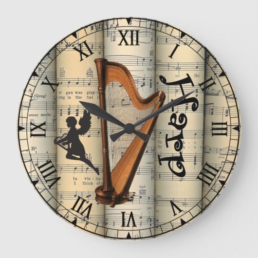 ハープ ~ ヴィンテージ楽譜のロール ~ ユニーク ~ ラージ壁時計 (正面)