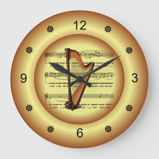 ...ハープ～楽譜～金ゴールド背景 ラージ壁時計 (正面)