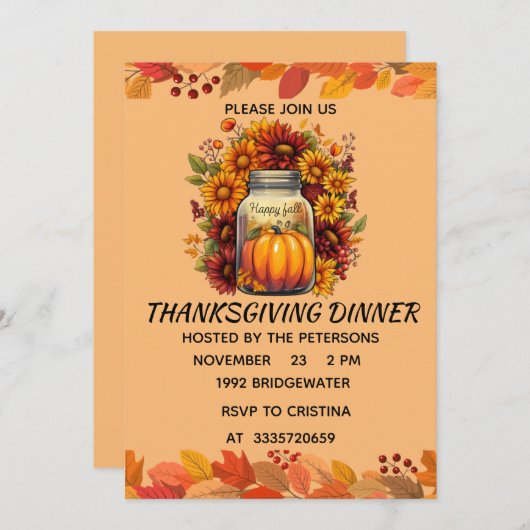 ハーベスト ブレッシング ジャー 感謝祭 招待状カード 招待状 (正面/裏面)