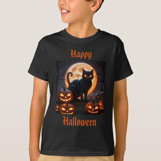 ハーベスト・ムーンの下でハロウィーンの黒猫 Tシャツ (正面)