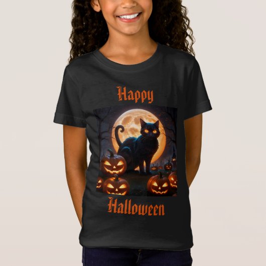 ハーベスト・ムーンの下でハロウィーンの黒猫 Tシャツ (正面)