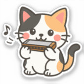 ハーモニカ模様の三毛猫のキャラクター シール (正面)