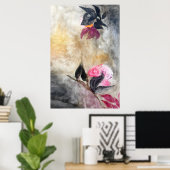 ハーモニックピンクの花ブラック葉の抽象芸術 ポスター (ホームオフィス)