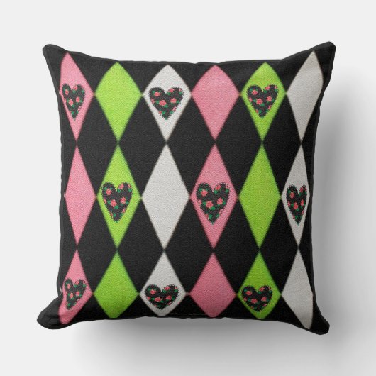 ハーレキカラフルンプリントとバラハート クッション (正面)