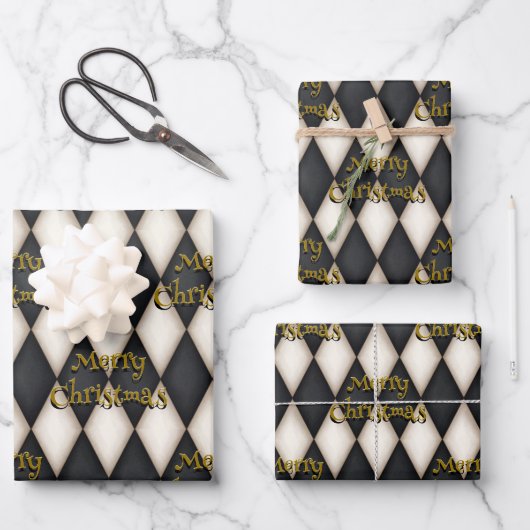 ハーレキンよくはしゃぐフローティング文字クリスマス ラッピングペーパーシート (正面)