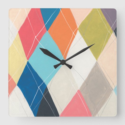 ハーレキンホプスコッチ-アーガイル柄のパターン スクエア壁時計 (正面)
