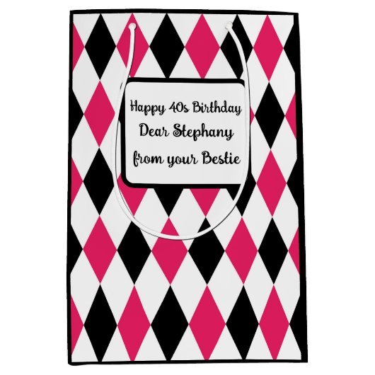 ハーレクインエレガントダイヤモンドジオメトリック白黒 ミディアムペーパーバッグ (正面)