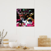 ハーレクイン帽と仮装パーティーマスク付き猫 ポスター (キッチン)