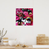 ハーレクイン帽と仮装パーティーマスク付き猫 ポスター (キッチン)