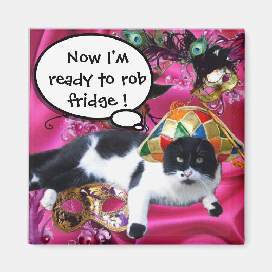 ハーレクイン帽と仮装パーティーマスク付き猫 マグネット (正面)