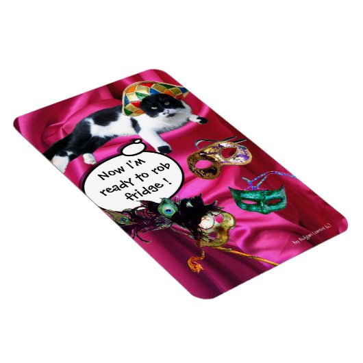 ハーレクイン帽と仮装パーティーマスク付き猫 マグネット (右側)