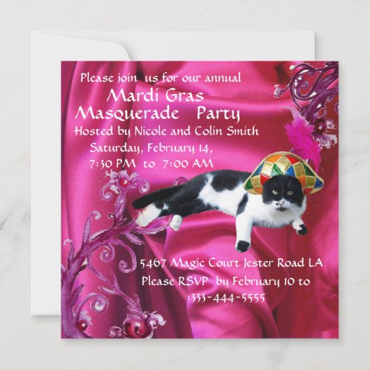 ハーレクイン帽と仮装パーティーマスク付き猫 招待状 (裏面)