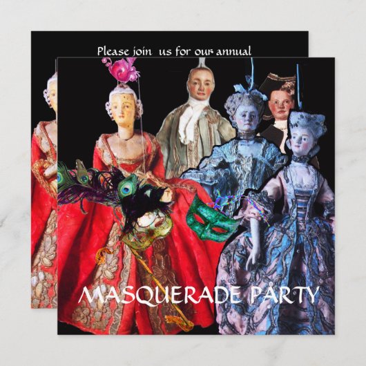 ハーレクイン帽と仮装パーティーマスク付き猫 招待状 (正面/裏面)