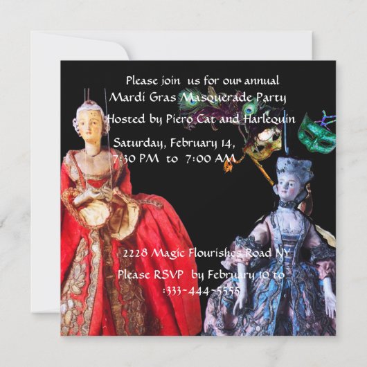 ハーレクイン帽と仮装パーティーマスク付き猫 招待状 (裏面)