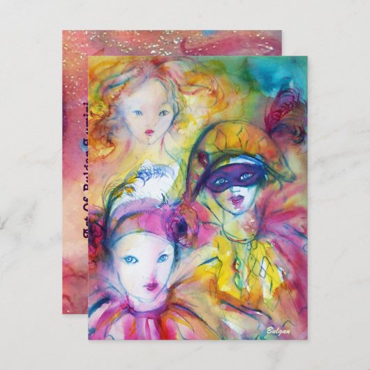 ハーレクイン，ピエロとコロンビナカーニバルマスク 招待状 (正面/裏面)