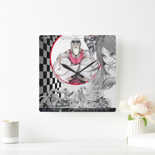 ハーレーの店の時計、黒、白は、市松模様になります スクエア壁時計 (ホーム)