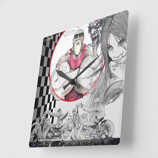 ハーレーの店の時計、黒、白は、市松模様になります スクエア壁時計 (傾斜)