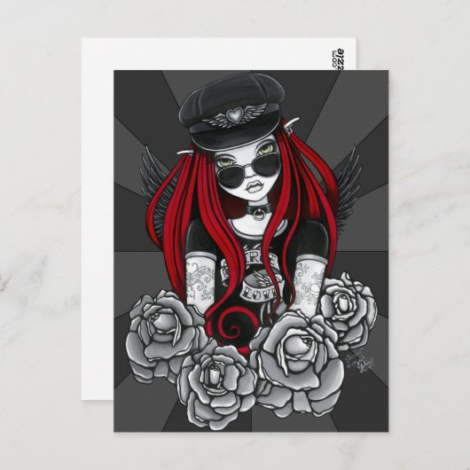 ハーレーレッドタトゥーバイクもしくは自転車に乗る人バラエンジェルハガキ ポストカード (正面/裏面)