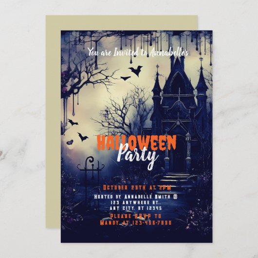 ハ幽霊のよく出るウス飛んでいるこうもり不気味ハローウィンパーティ 招待状 (正面/裏面)