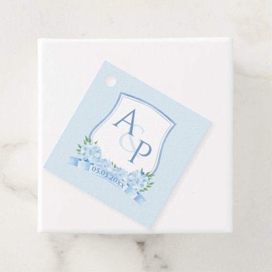 ハ絵を描ンドブルーあじさいモノグラム結婚クレスト フェイバータグ (インサイチュ)