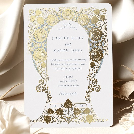 ハ絵を描ンドブルーフローラバロ縁どク 箔招待状